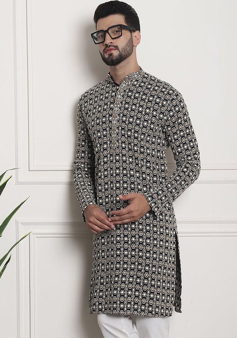 Black Thread Work Cotton Kurta For Men
