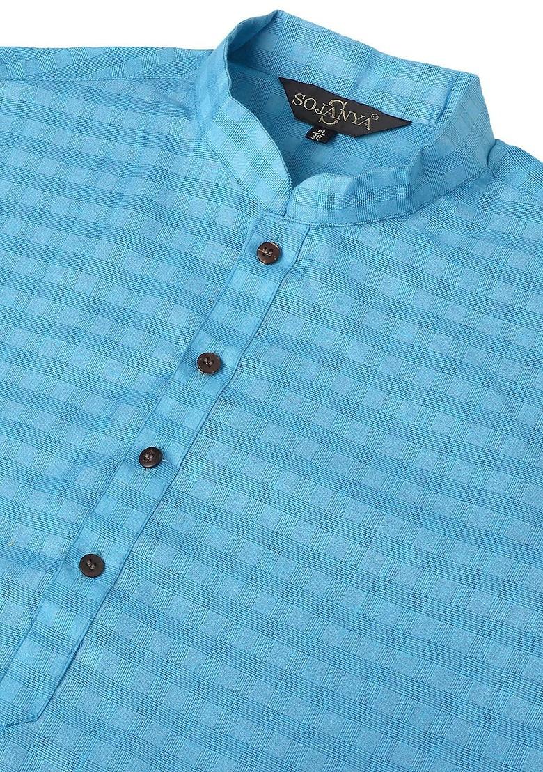 Blue Checked Poly Blend Kurta For Men