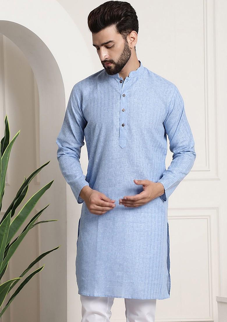 Blue Checked Poly Blend Kurta For Men