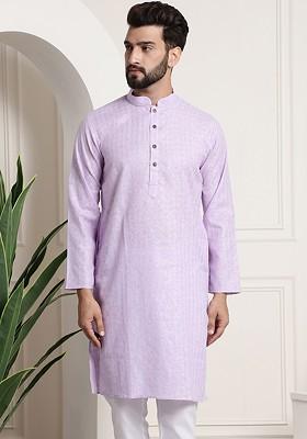 Lavender Checked Poly Blend Kurta For Men