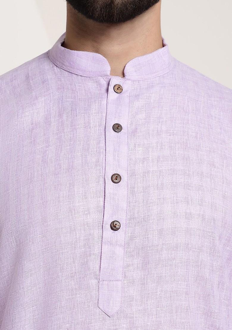 Lavender Checked Poly Blend Kurta For Men