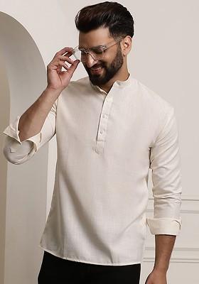 Cream Solid Poly Blend Kurta For Men