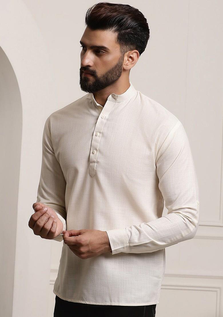 Cream Solid Poly Blend Kurta For Men