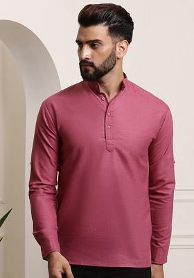 Coral Pink Solid Poly Blend Kurta For Men