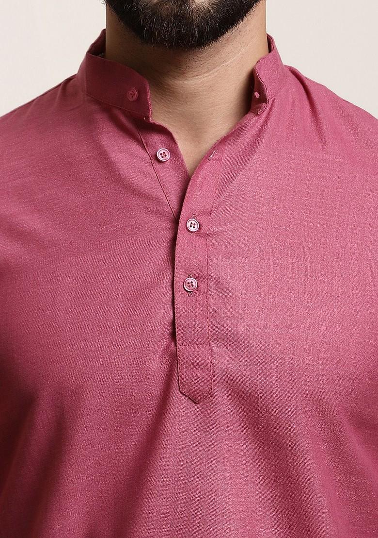 Coral Pink Solid Poly Blend Kurta For Men