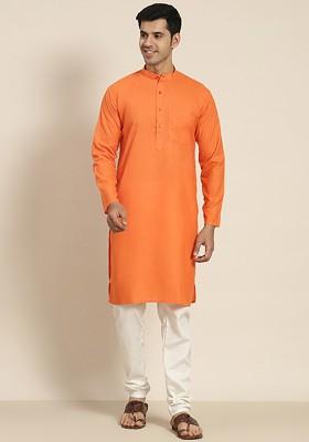 Orange Solid Poly Blend Kurta For Men