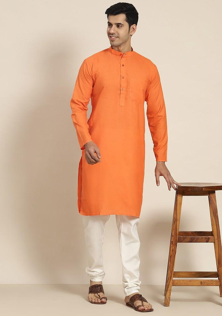 Orange Solid Poly Blend Kurta For Men