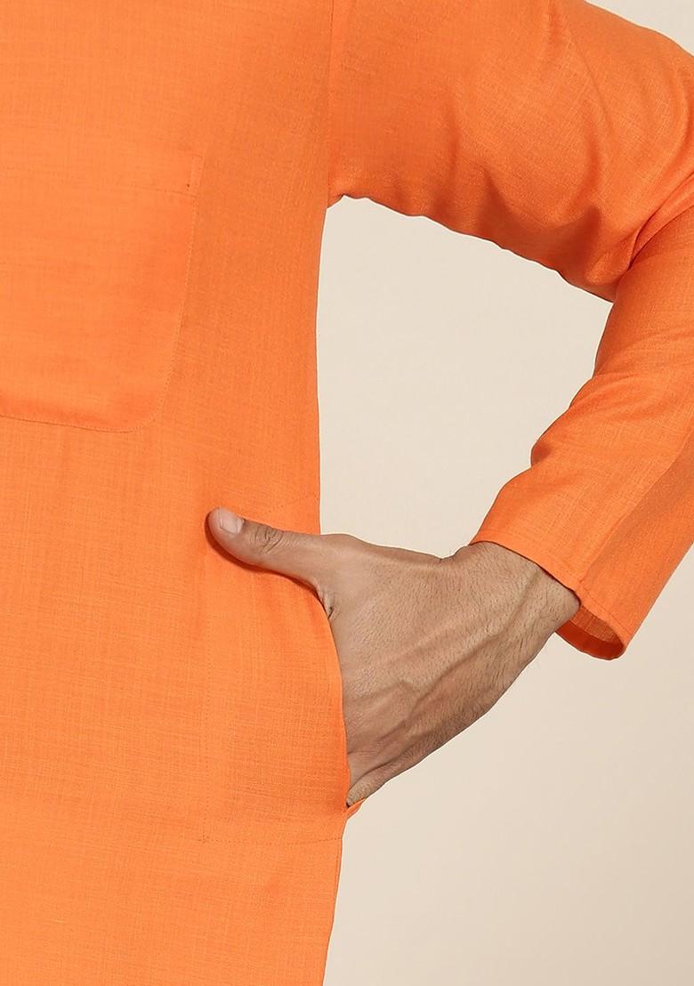 Orange Solid Poly Blend Kurta For Men