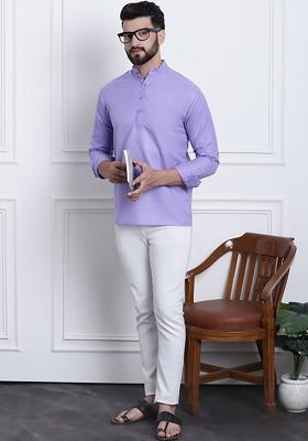 Lavender Solid Poly Blend Kurta For Men