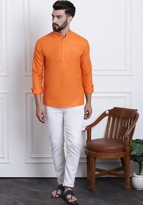 Orange Solid Poly Blend Kurta For Men