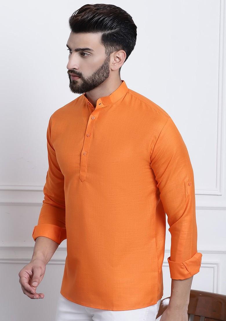 Orange Solid Poly Blend Kurta For Men