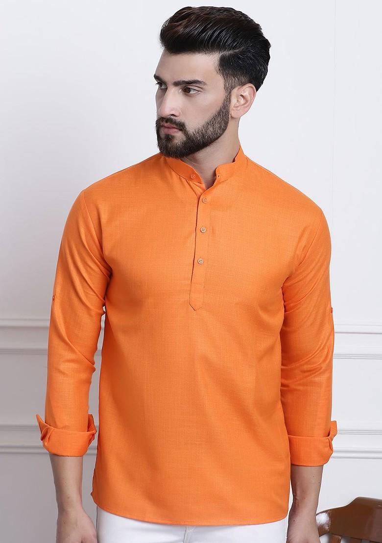 Orange Solid Poly Blend Kurta For Men