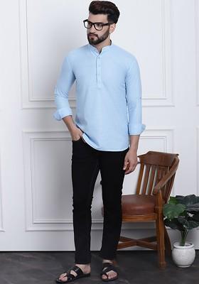 Blue Solid Poly Blend Kurta For Men