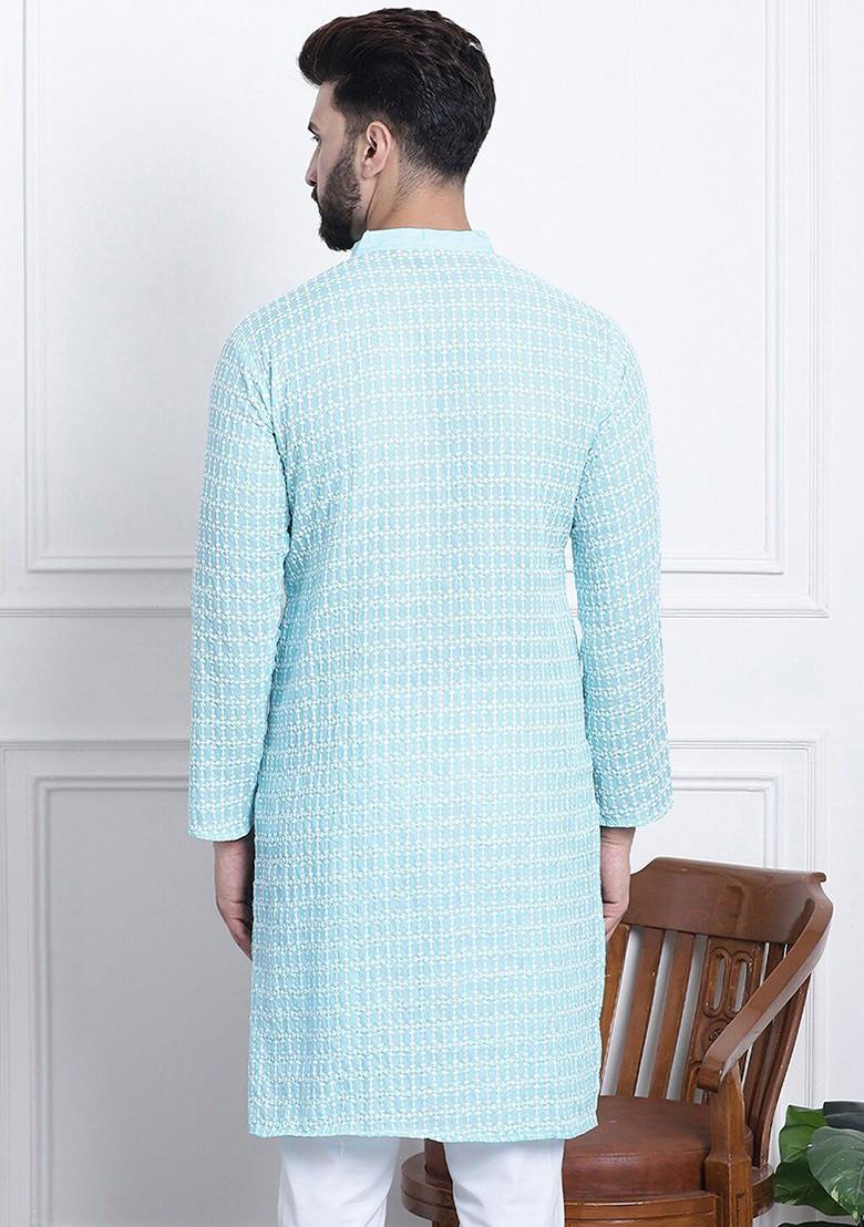 Blue Embroidered Cotton Kurta For Men