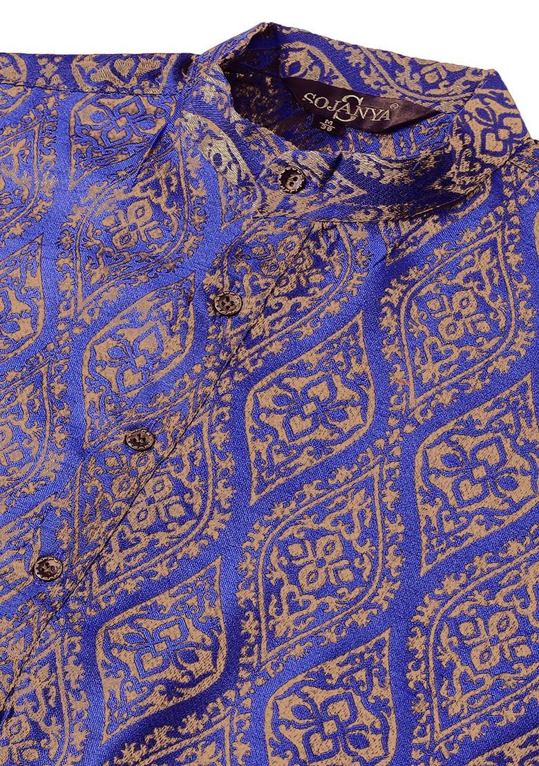 Blue Solid Jacquard Kurta For Men