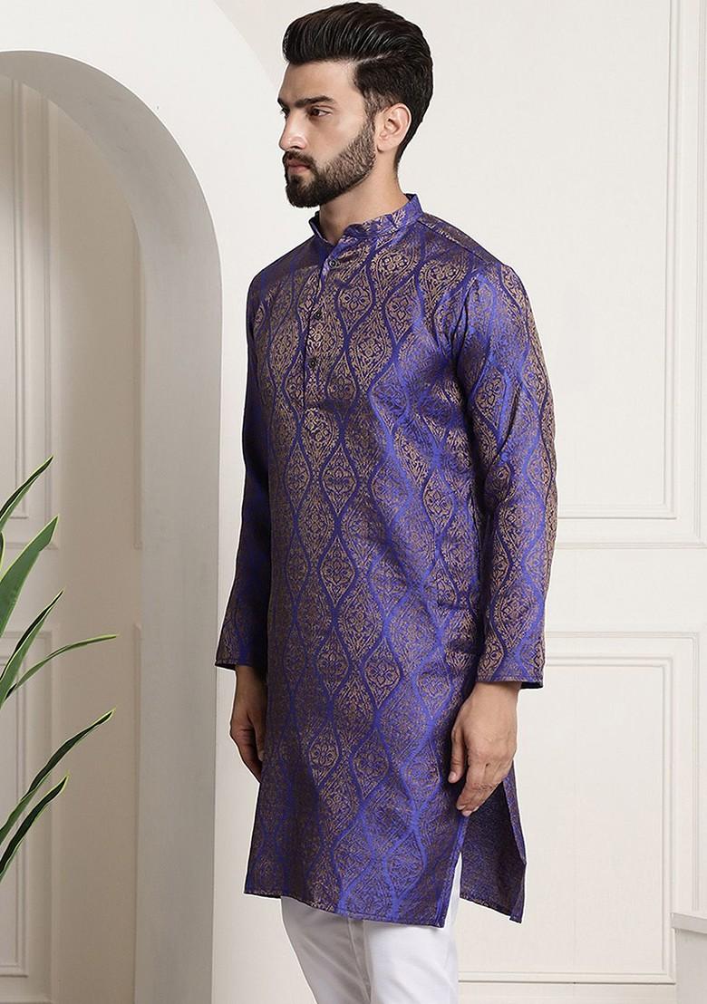 Blue Solid Jacquard Kurta For Men