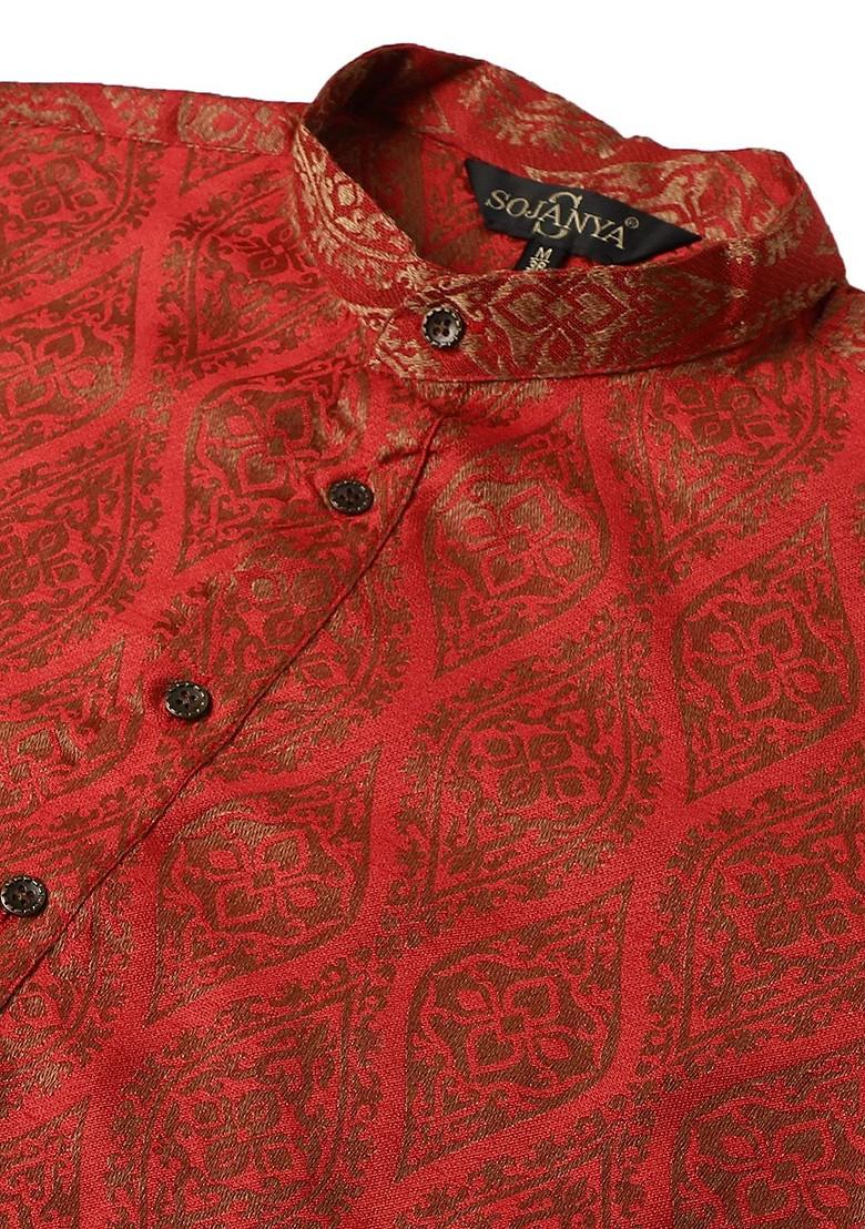 Red Solid Jacquard Kurta For Men