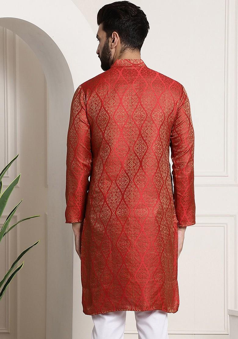 Red Solid Jacquard Kurta For Men