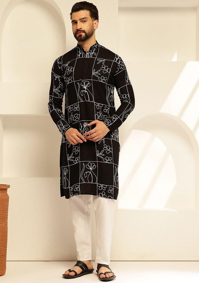 Black Thread Work Cotton Kurta For Men