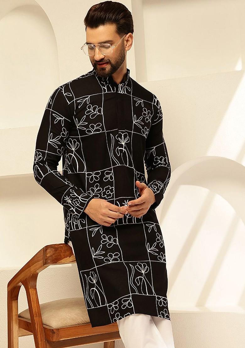 Black Thread Work Cotton Kurta For Men