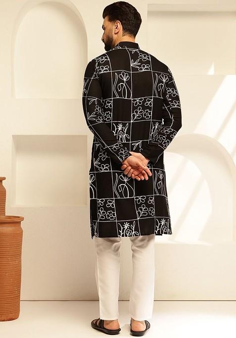Black Thread Work Cotton Kurta For Men