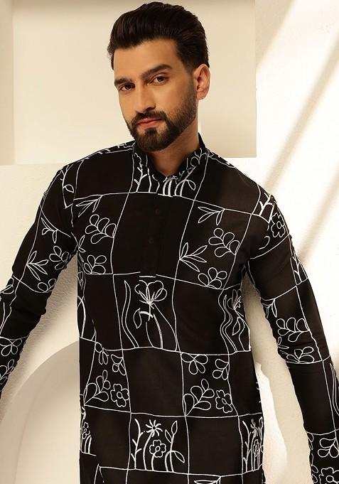 Black Thread Work Cotton Kurta For Men
