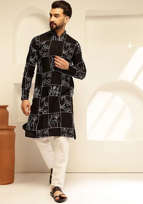 Black Thread Work Cotton Kurta For Men