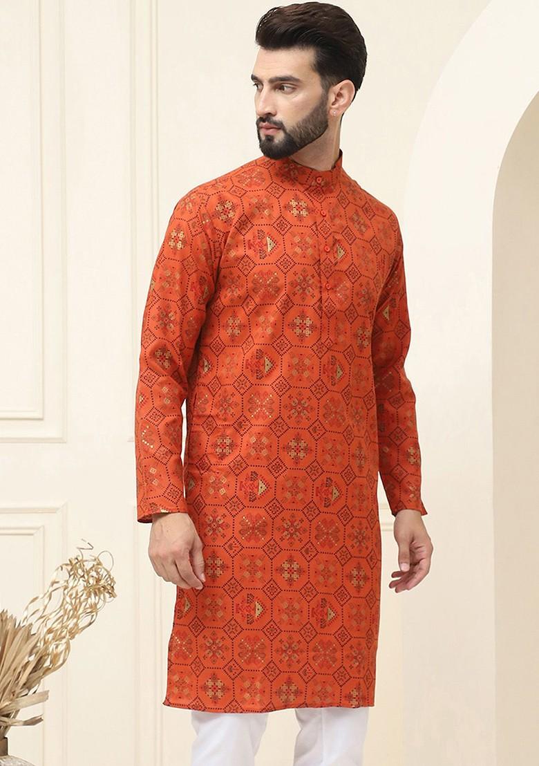 Orange Ethnic Motifs Poly Blend Kurta For Men
