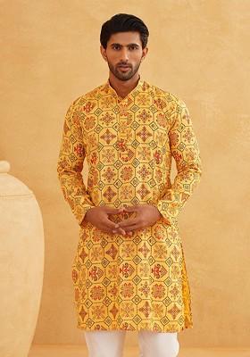Yellow Ethnic Motifs Poly Blend Kurta For Men