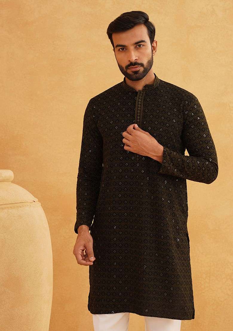 Olive Embroidered Cotton Kurta For Men - Indya