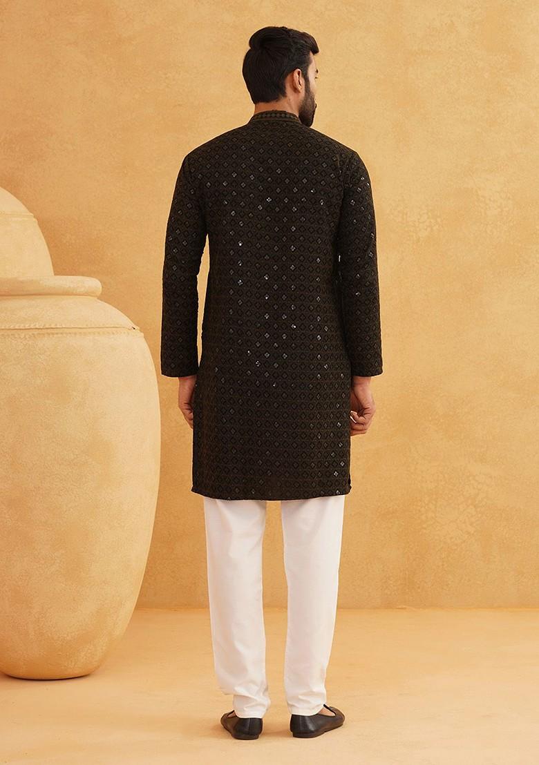 Olive Embroidered Cotton Kurta For Men