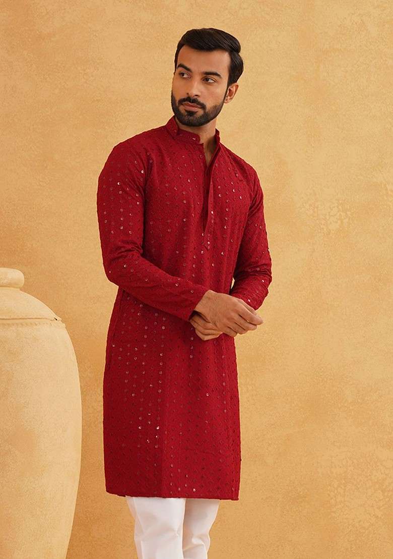 Maroon Embroidered Cotton Kurta For Men - Indya