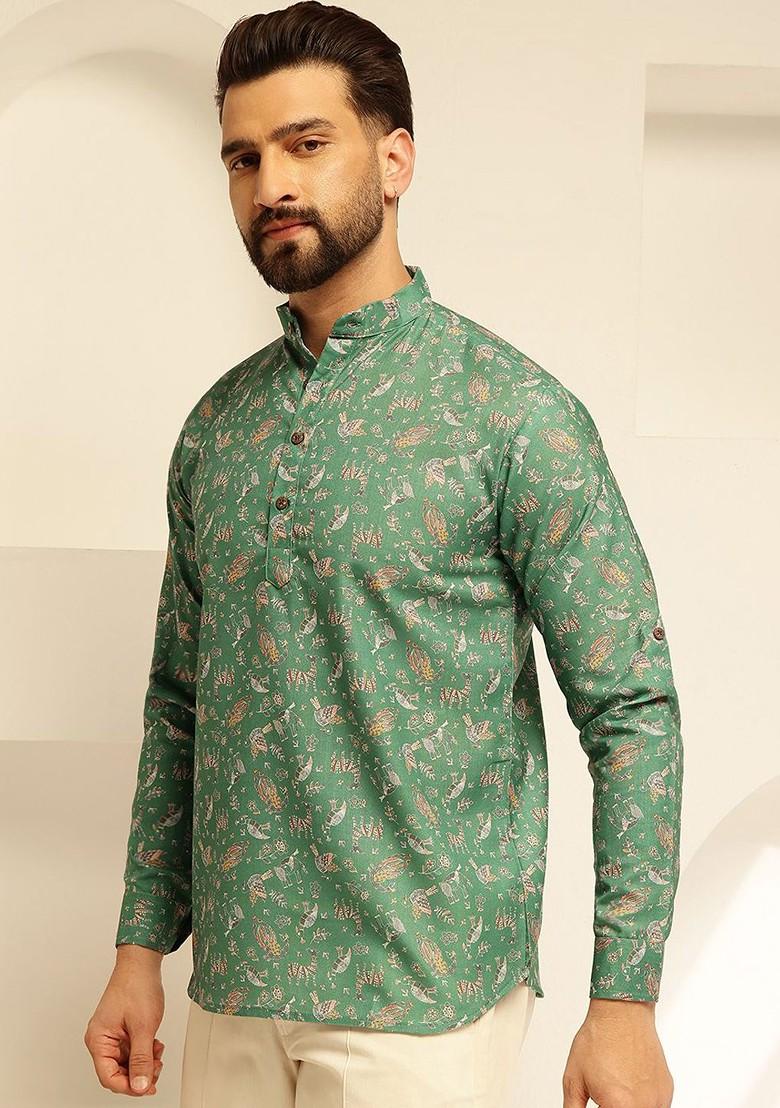 Green Printed Cotton Kurta For Men