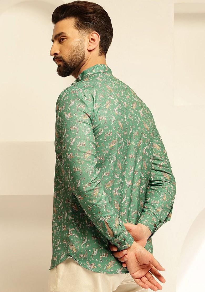 Green Printed Cotton Kurta For Men