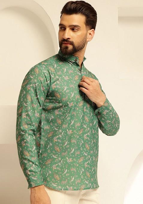Green Printed Cotton Kurta For Men