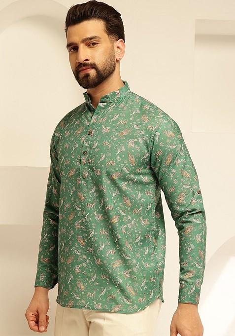 Green Printed Cotton Kurta For Men