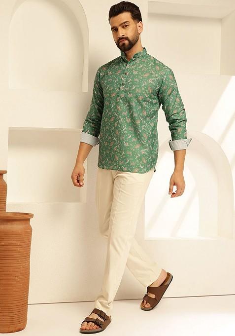 Green Printed Cotton Kurta For Men