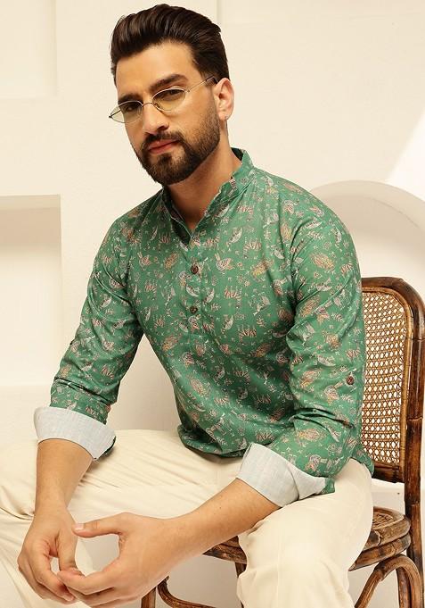 Green Printed Cotton Kurta For Men