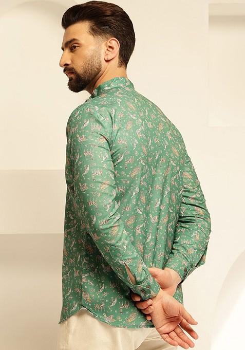 Green Printed Cotton Kurta For Men