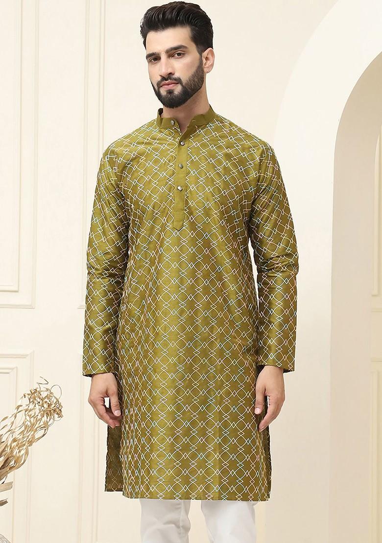 Olive Embroidered Poly Blend Kurta For Men