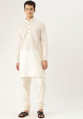 Off White Embroidered Poly Blend Kurta For Men