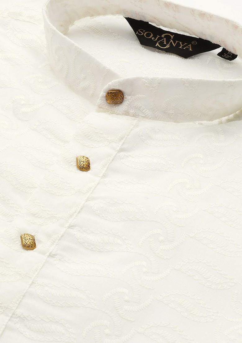Off White Embroidered Poly Blend Kurta For Men