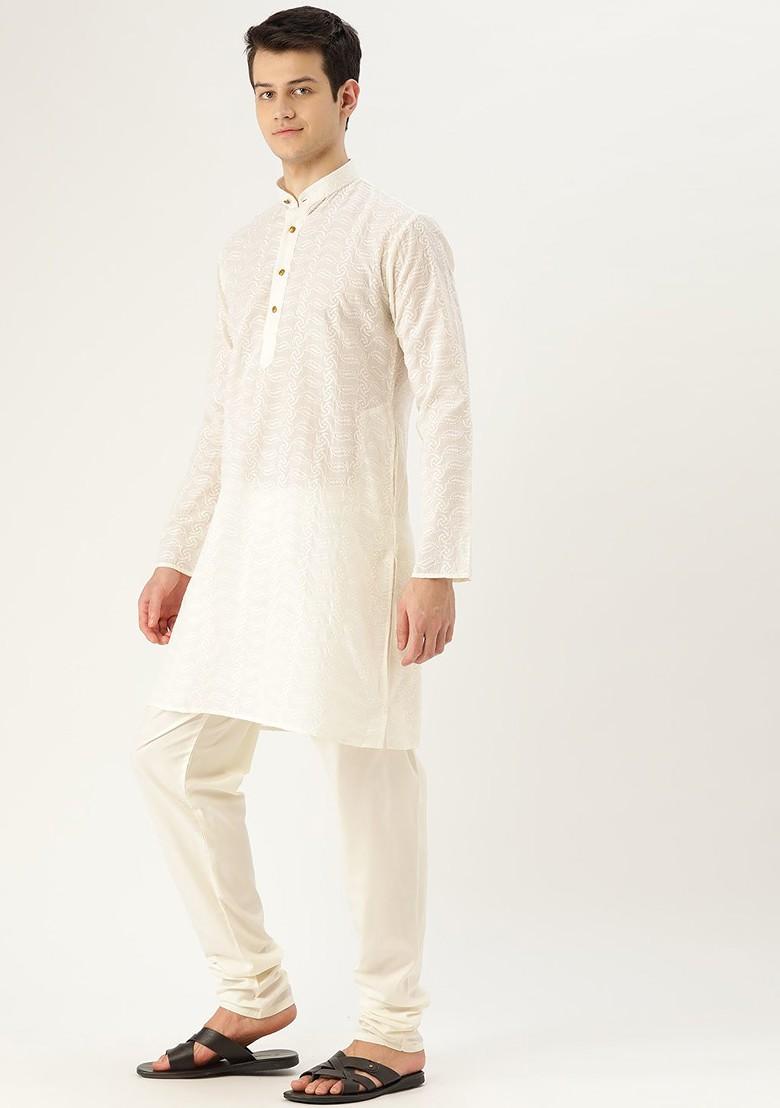 Off White Embroidered Poly Blend Kurta For Men