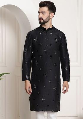 Black Thread Work Poly Blend Kurta For Men