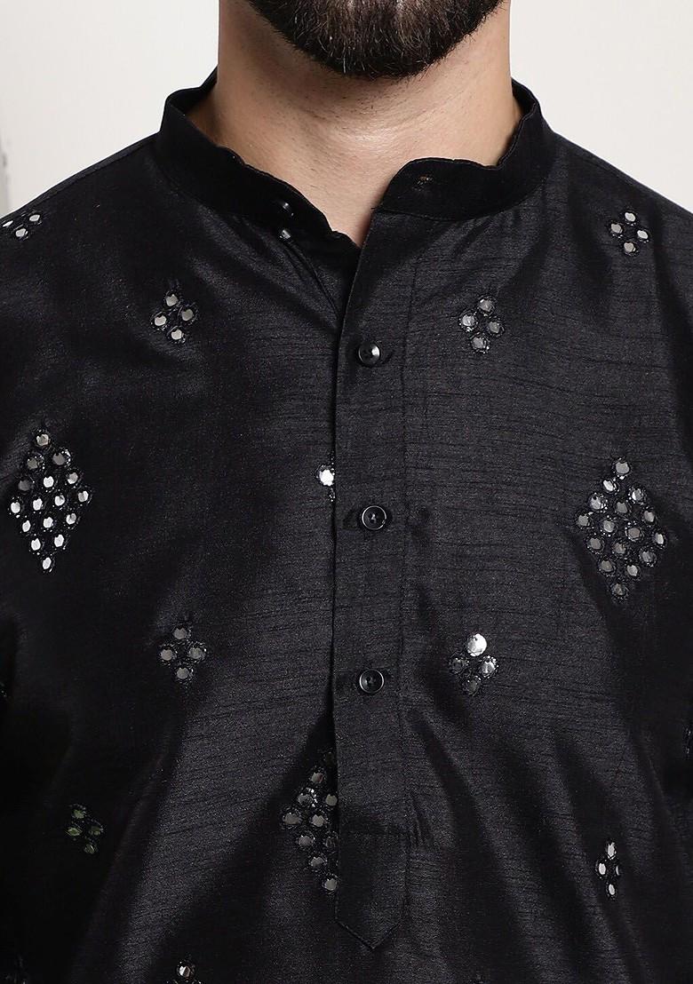 Black Thread Work Poly Blend Kurta For Men