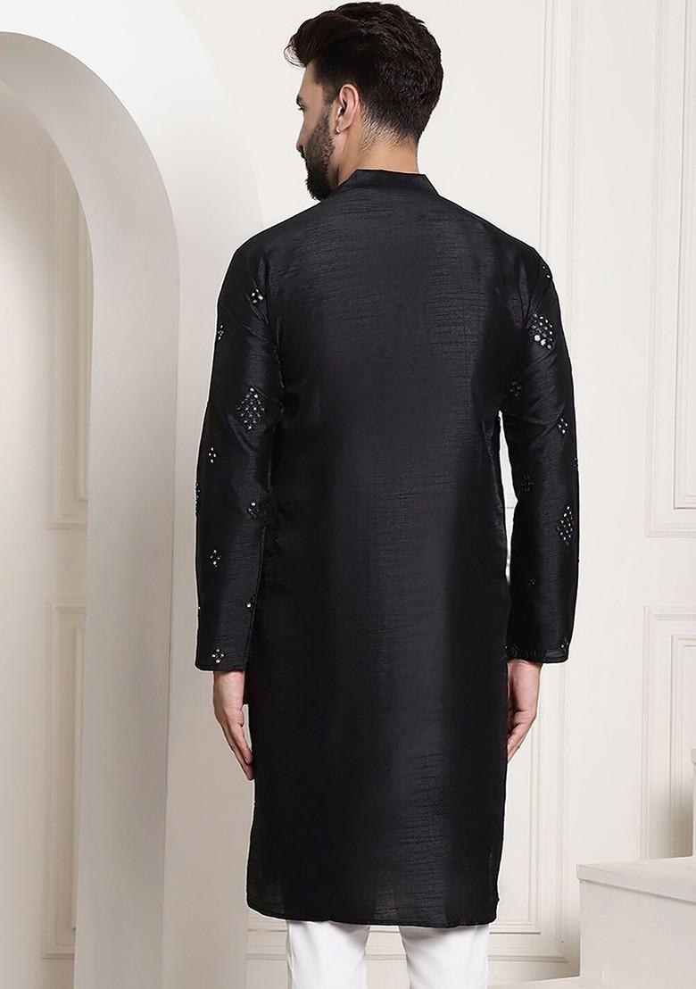 Black Thread Work Poly Blend Kurta For Men