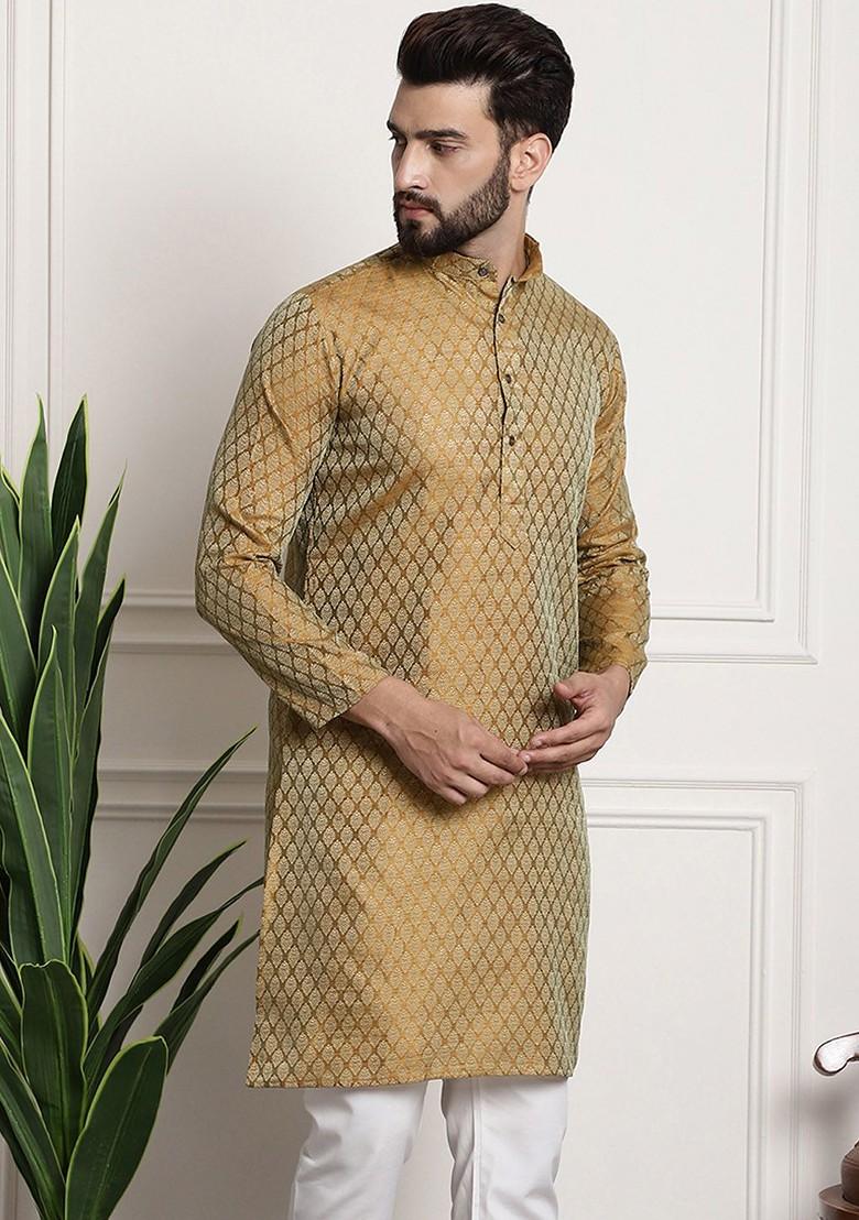 Mustard Woven Cotton Kurta For Men