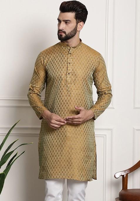 Mustard Woven Cotton Kurta For Men — view on Indya