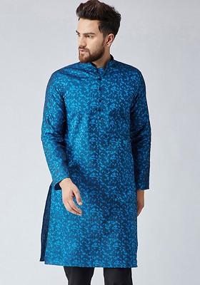 Blue Woven Poly Blend Kurta For Men