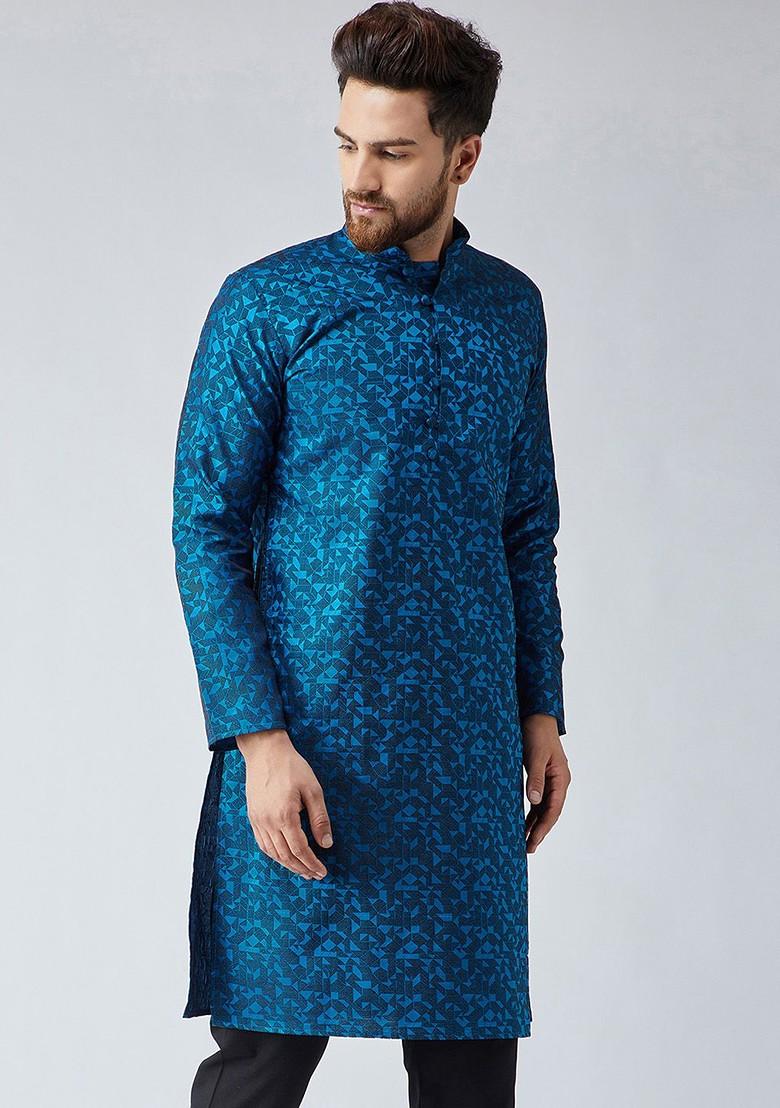 Blue Woven Poly Blend Kurta For Men